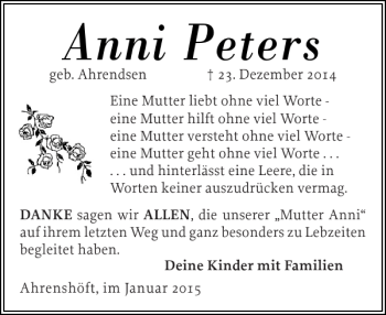 Traueranzeige von Anni Peters von Husumer Nachrichten