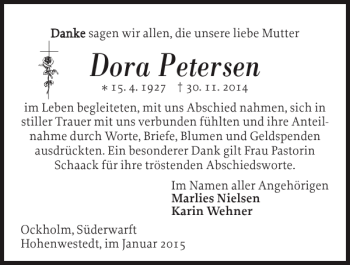 Traueranzeige von Dora Petersen von Husumer Nachrichten