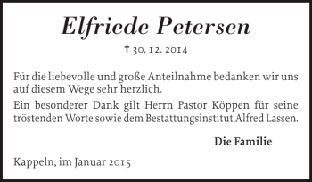 Traueranzeige von Elfriede Petersen von Schlei-Bote