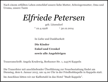 Traueranzeige von Elfriede Petersen von Schlei-Bote
