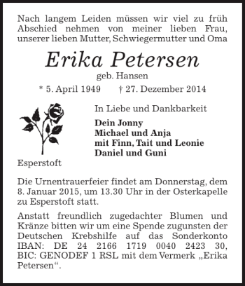 Traueranzeige von Erika Petersen von Schleswiger Nachrichten