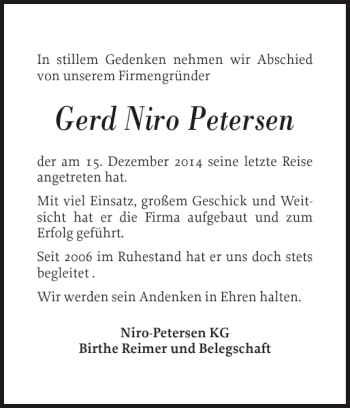 Traueranzeige von Gerd Niro Petersen von Flensburger Tageblatt
