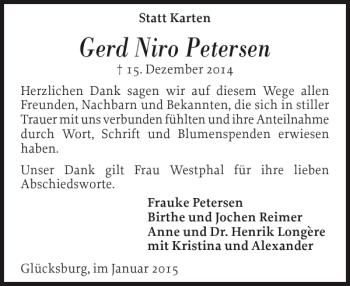 Traueranzeige von Gerd Niro Petersen von Flensburger Tageblatt