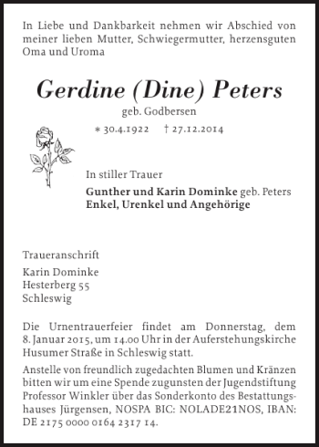 Traueranzeige von Gerdine Dine Peters von Schleswiger Nachrichten