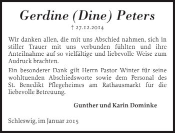 Traueranzeige von Gerdine Dine Peters von Schleswiger Nachrichten