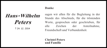 Traueranzeige von Hans-Wilhelm Peters von Flensburger Tageblatt
