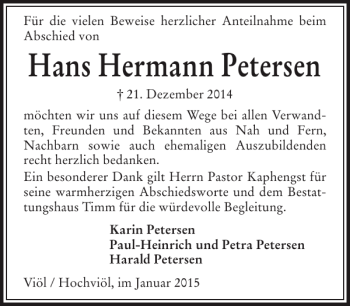 Traueranzeige von Hans Hermann Petersen von Husumer Nachrichten