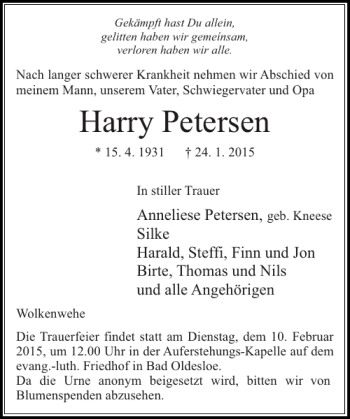 Traueranzeige von Harry Petersen von Stormarner Tageblatt