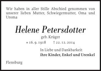 Traueranzeige von Helene Petersdotter von Flensburger Tageblatt