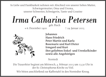 Traueranzeige von Irma Catharina Petersen von Husumer Nachrichten