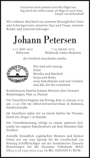 Traueranzeige von Johann Petersen von Husumer Nachrichten