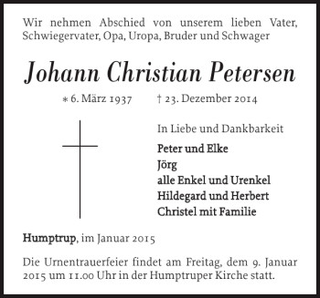 Traueranzeige von Johann Christian Petersen von Nordfriesland Tageblatt