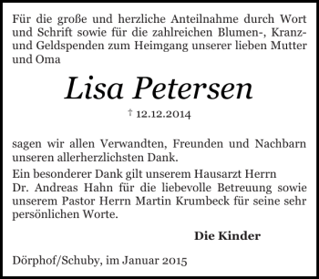 Traueranzeige von Lisa Petersen von Flensburger Tageblatt