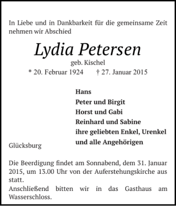 Traueranzeige von Lydia Petersen von Flensburger Tageblatt