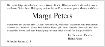 Traueranzeige von Marga Peters von Norddeutsche Rundschau