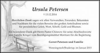 Traueranzeige von Ursula Petersen von Sylter Rundschau