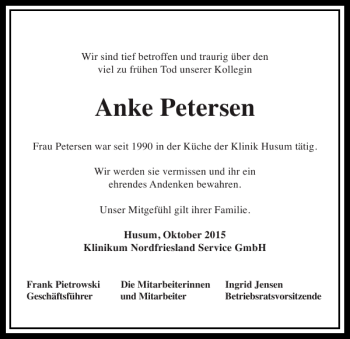 Traueranzeige von Anke Petersen von Husumer Nachrichten