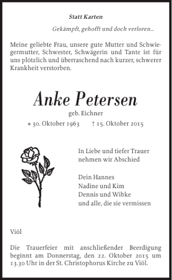 Traueranzeige von Anke Petersen von Husumer Nachrichten