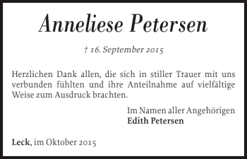 Traueranzeige von Anneliese Petersen von Nordfriesland Tageblatt