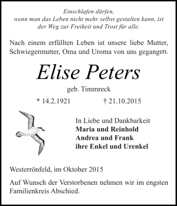 Traueranzeige von Elise Peters von Landeszeitung