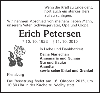 Traueranzeige von Erich Petersen von Flensburger Tageblatt