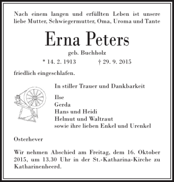 Traueranzeige von Erna Peters von Husumer Nachrichten