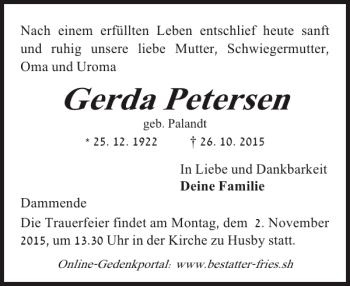 Traueranzeige von Gerda Petersen von Flensburger Tageblatt