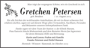 Traueranzeige von Gretchen Petersen von Husumer Nachrichten