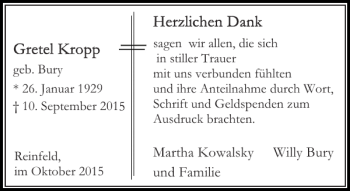 Traueranzeige von Gretel Kropp von Stormarner Tageblatt