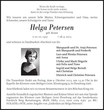 Traueranzeige von Helga Petersen von Flensburger Tageblatt