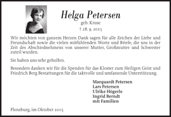 Traueranzeige von Helga Petersen von Flensburger Tageblatt