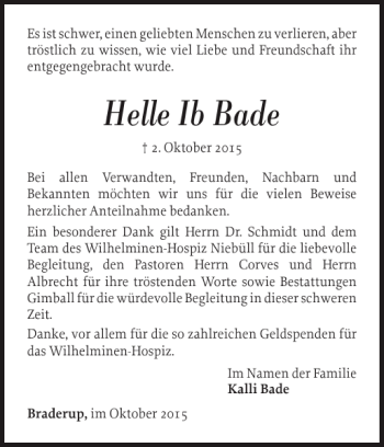 Traueranzeige von Helle Ib Bade von Nordfriesland Tageblatt