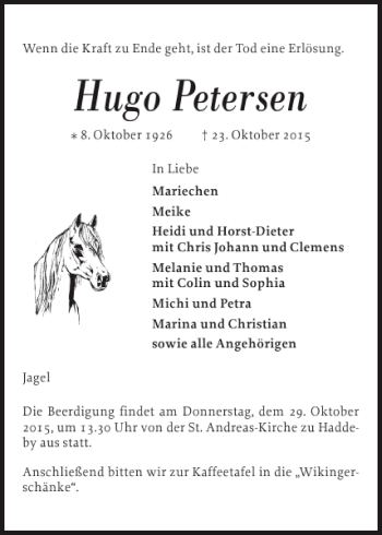 Traueranzeige von Hugo Petersen von Schleswiger Nachrichten
