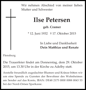 Traueranzeige von Ilse Petersen von Flensburger Tageblatt