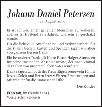 Traueranzeige von Johann Daniel Petersen von Nordfriesland Tageblatt