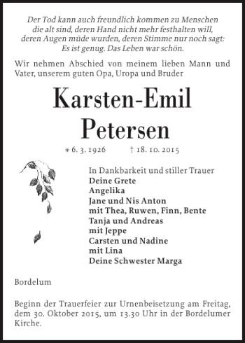 Traueranzeige von Karsten-Emil Petersen von Husumer Nachrichten