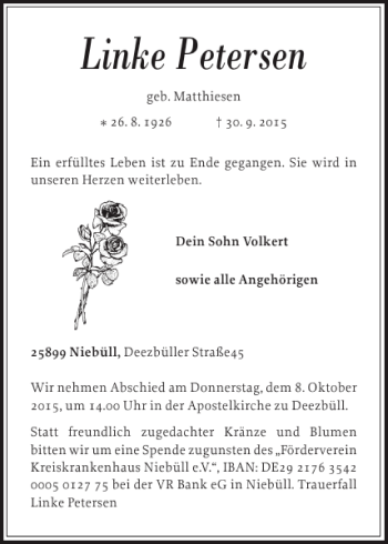 Traueranzeige von Linke Petersen von Nordfriesland Tageblatt