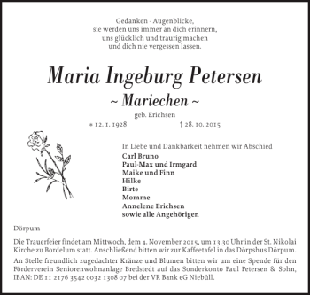 Traueranzeige von Maria Ingeburg Petersen von Husumer Nachrichten