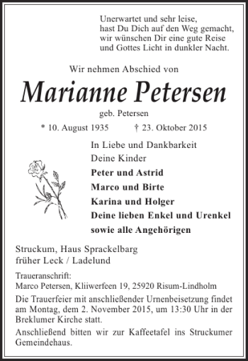 Traueranzeige von Marianne Petersen von Husumer Nachrichten