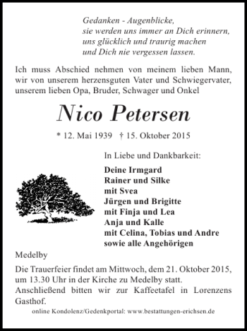 Traueranzeige von Nico Petersen von Flensburger Tageblatt