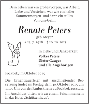 Traueranzeige von Renate Peters von Landeszeitung