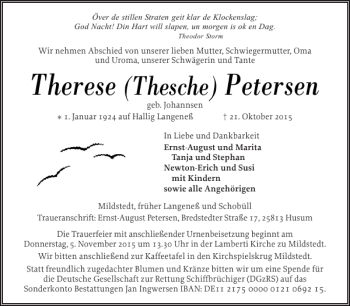 Traueranzeige von Therese Petersen von Husumer Nachrichten