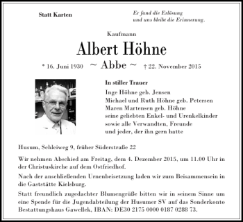 Traueranzeige von Albert Höhne von Flensburger Tageblatt