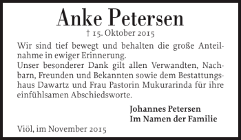 Traueranzeige von Anke Petersen von Husumer Nachrichten
