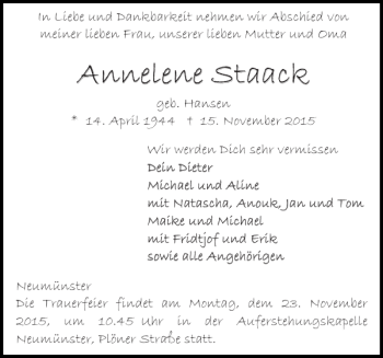 Traueranzeige von Annelene Staack Annel ene Staack von Holsteinischer Courier