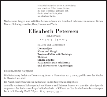 Traueranzeige von Elisabeth Petersen von Schleswiger Nachrichten