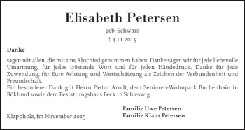 Traueranzeige von Elisabeth Petersen von Schleswiger Nachrichten