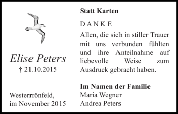 Traueranzeige von Elise Peters von Landeszeitung