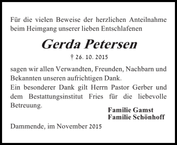Traueranzeige von Gerda Petersen von Flensburger Tageblatt