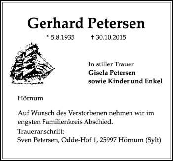 Traueranzeige von Gerhard Petersen von Sylter Rundschau